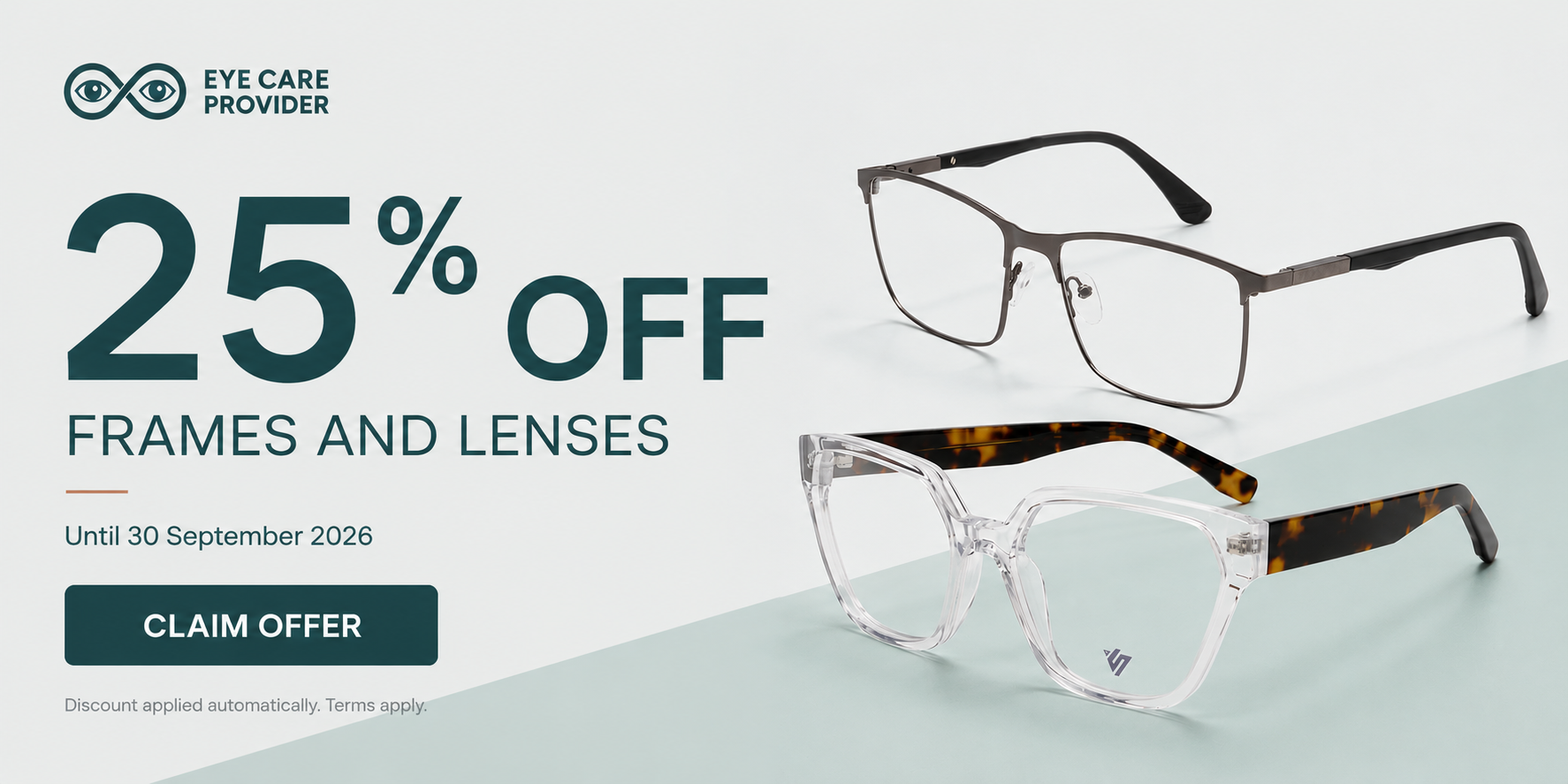 25 percent off frames and lenses until 30 September 2026