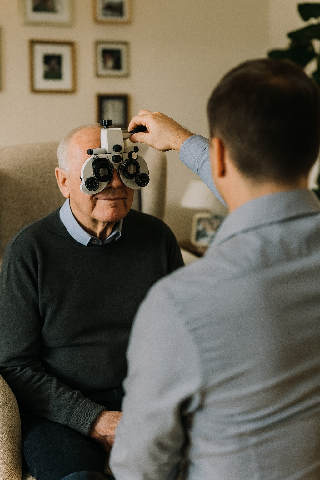 Professional optometrist conducting comprehensive eye examination with specialized equipment